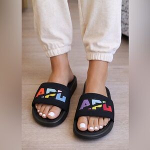 APL TechLoom Knit Sport Slides Black Multicolor Big Logo Sandals NIB 6